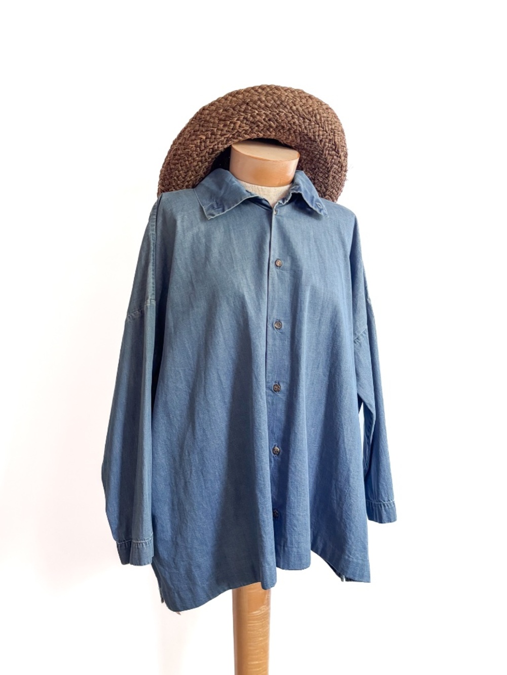 ESKANDAR 100% Cotton Blue Denim Button Front Long Sleeve Top Blouse NEW Size 0
